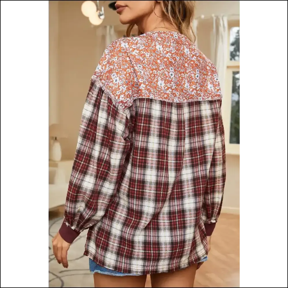 Plaid Notched Neck Slit Blouse - Chic & Trendy