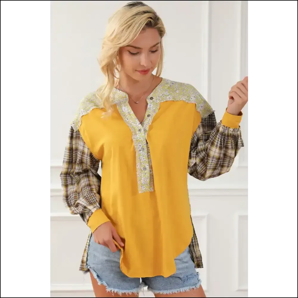 Plaid Notched Neck Slit Blouse - Chic & Trendy
