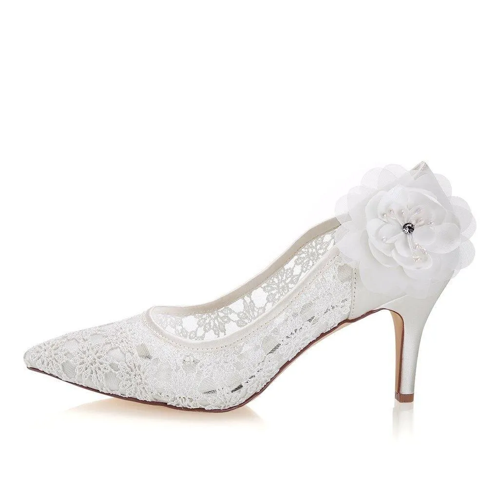 Princess Ivory Lace Wedding Shoes with Flowers, Pretty Woman Shoes WS02