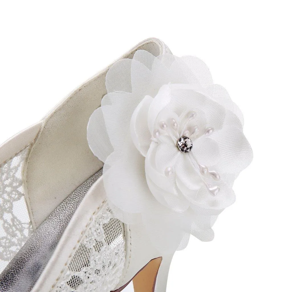 Princess Ivory Lace Wedding Shoes with Flowers, Pretty Woman Shoes WS02