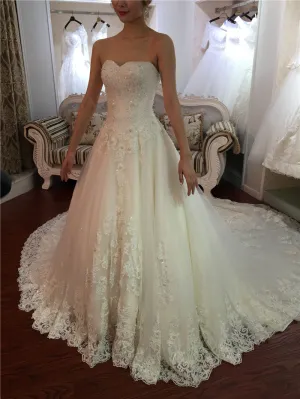 Princess Sweetheart A-line Wedding Dress with Fitted Bodice Beaded Top Lace Train Bridal Gown