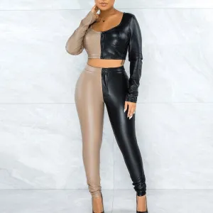 PU Contrast Patchwork Zipper Design Long Sleeve Top & Pants Set