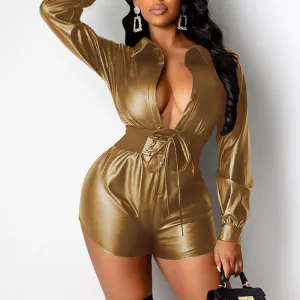 PU Deep-V Lace-Up Long Sleeve Romper With Belt