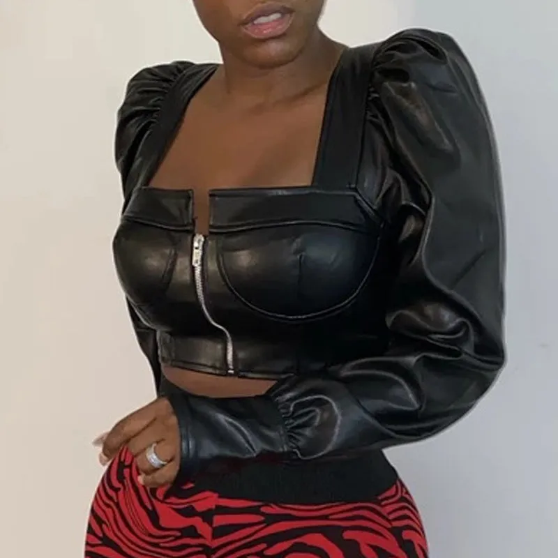PU Leather Long Puff Sleeve Zipper Design Top