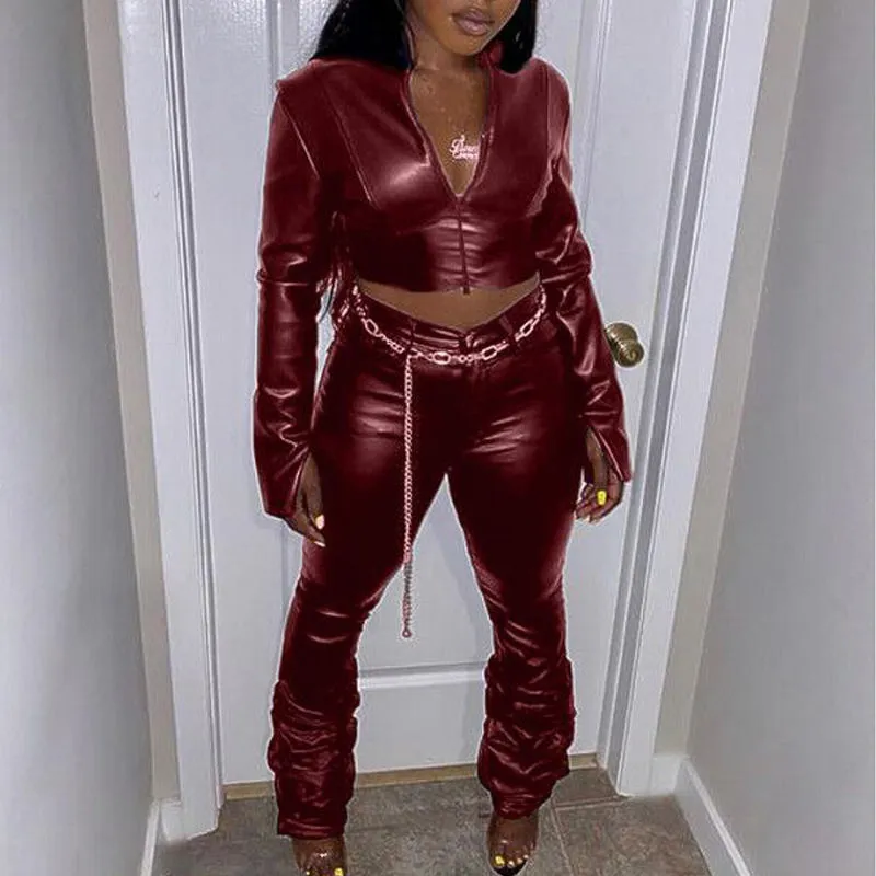 PU Leather Zipper Design Top & Stacket Pants Set