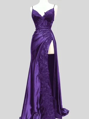 Purple A-line V-neckline Straps Satin with Lace Party Dress, Purple Long Evening Dress