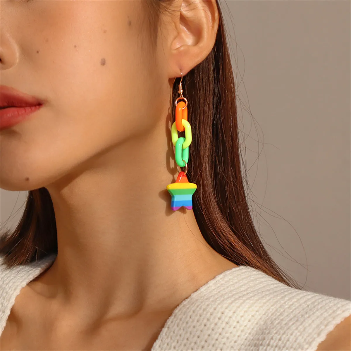Rainbow Acrylic & 18K Gold-Plated Chain Star Drop Earrings