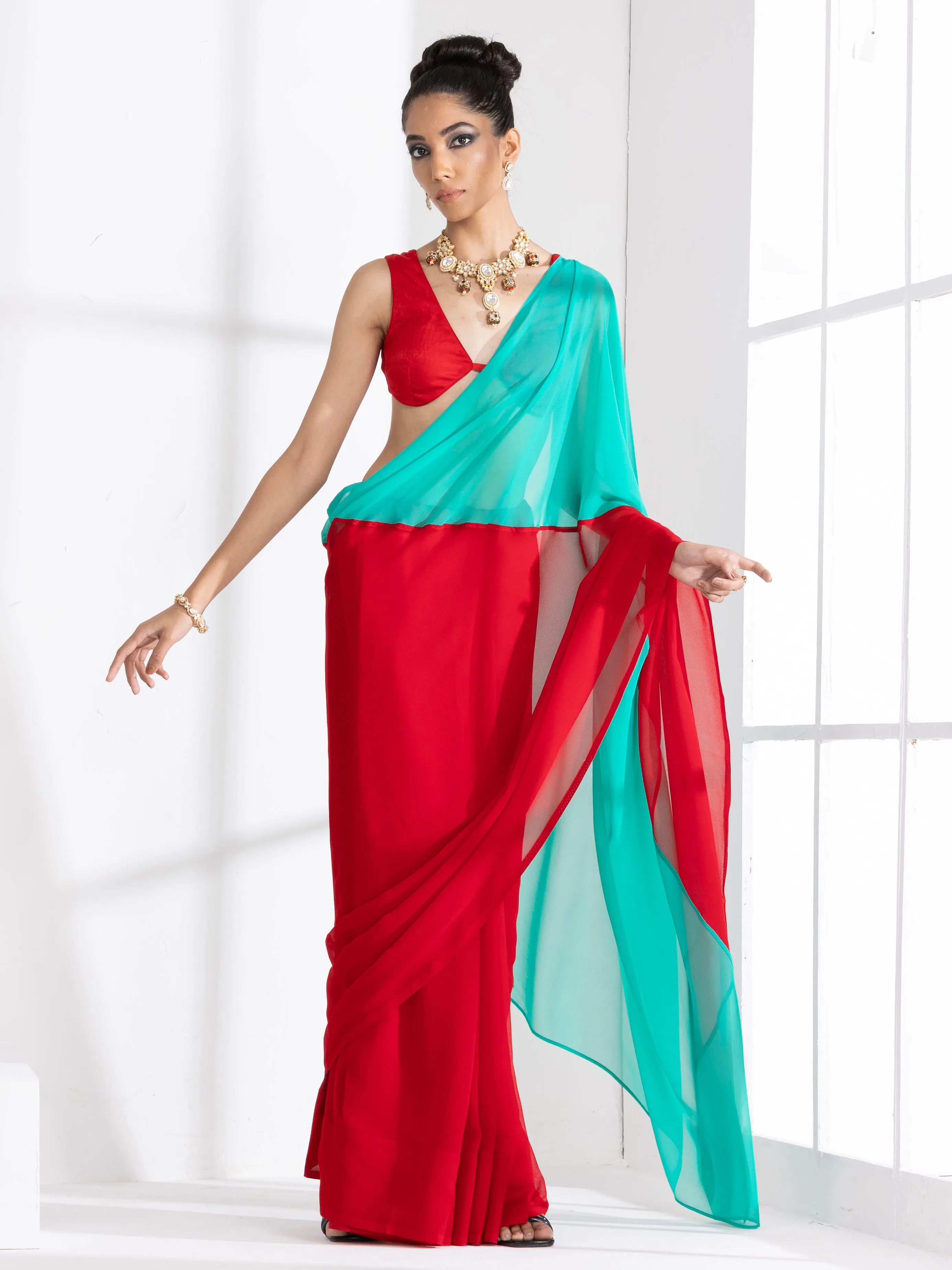 Red and Carribean Triangle Georgette Saree with Red Posh Blouse Fabric