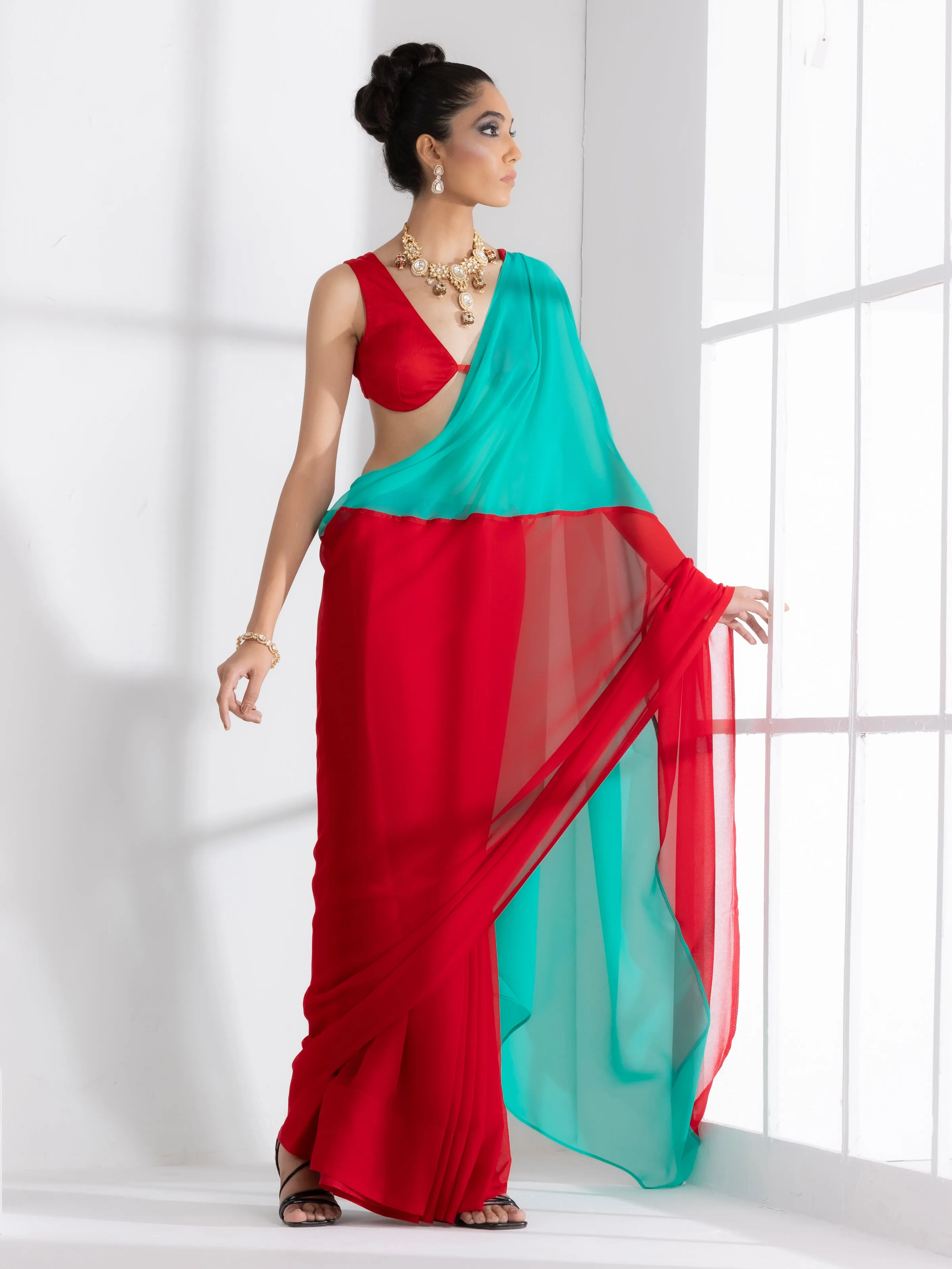 Red and Carribean Triangle Georgette Saree with Red Posh Blouse Fabric