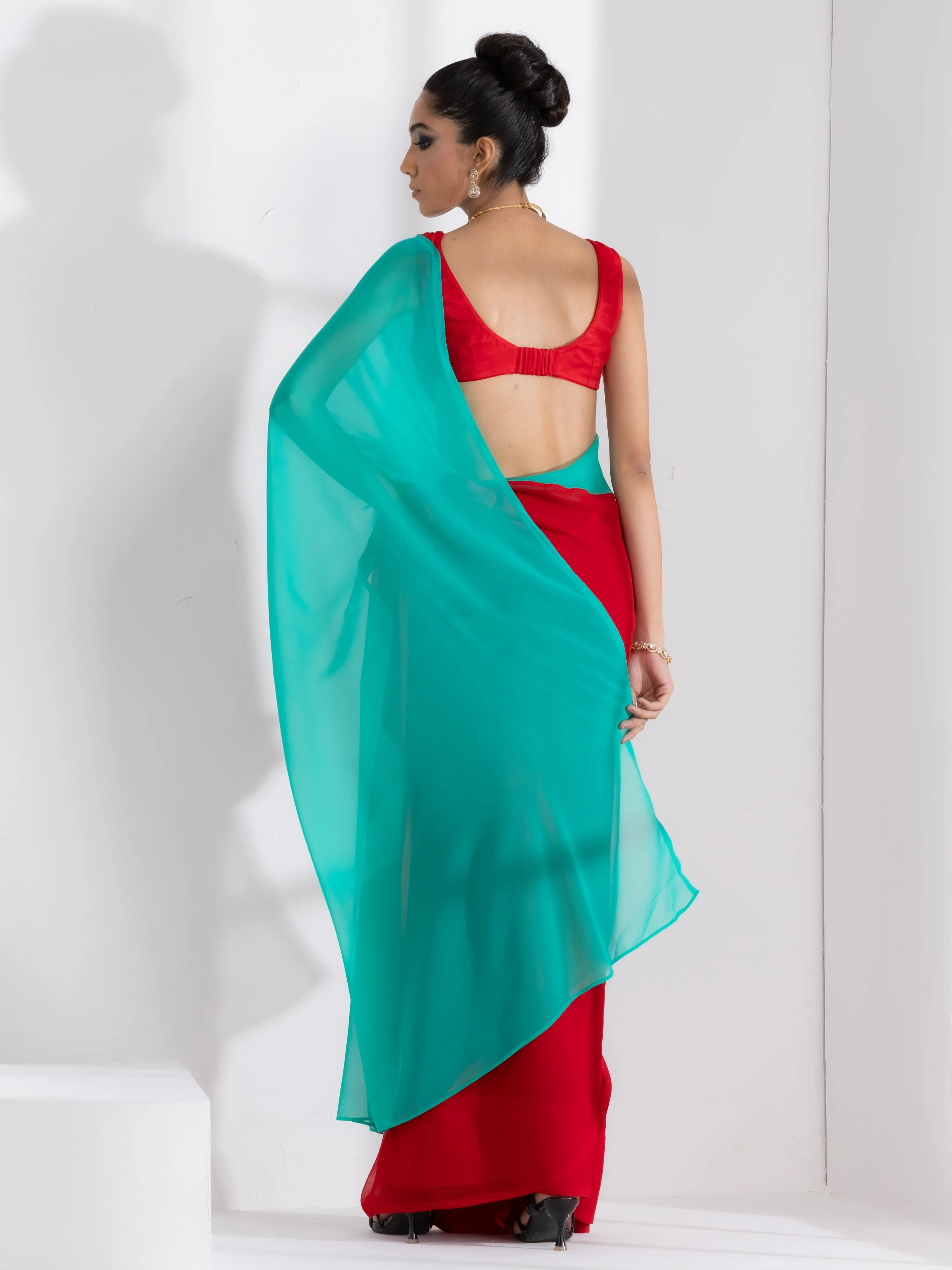 Red and Carribean Triangle Georgette Saree with Red Posh Blouse Fabric