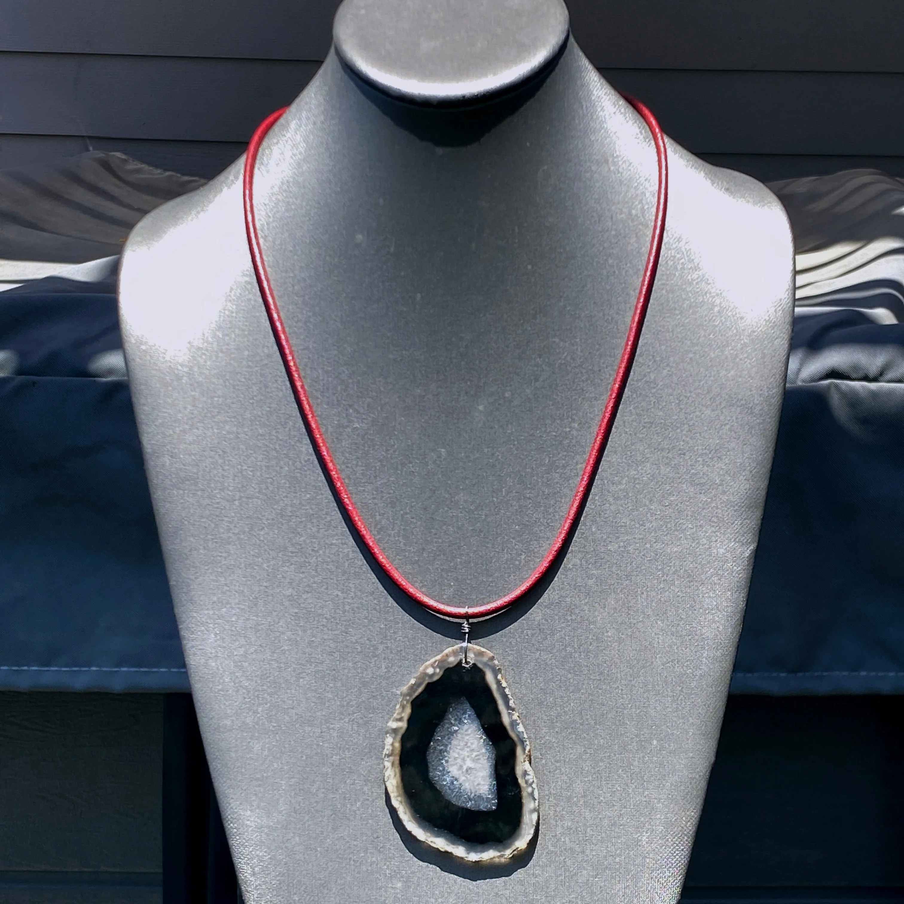 Red leather Necklace with Black Agate Slice pendant