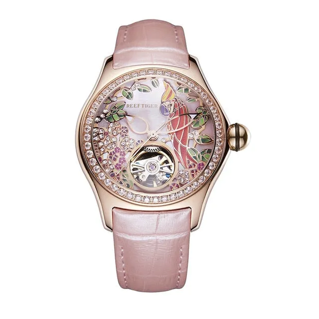 REEF TIGER Floral / Parrot Dial Tourbillon  Style flywheel ladies watch.
