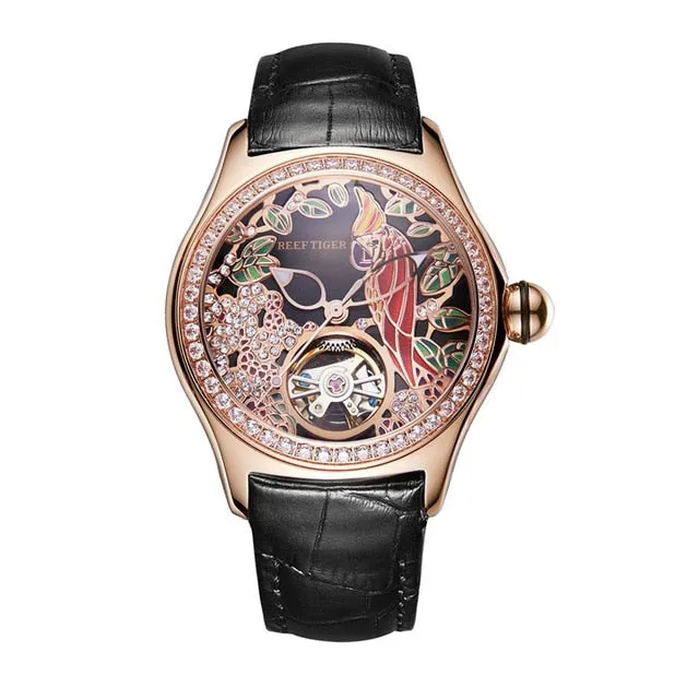 REEF TIGER Floral / Parrot Dial Tourbillon  Style flywheel ladies watch.