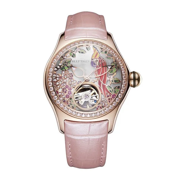 REEF TIGER Floral / Parrot Dial Tourbillon  Style flywheel ladies watch.