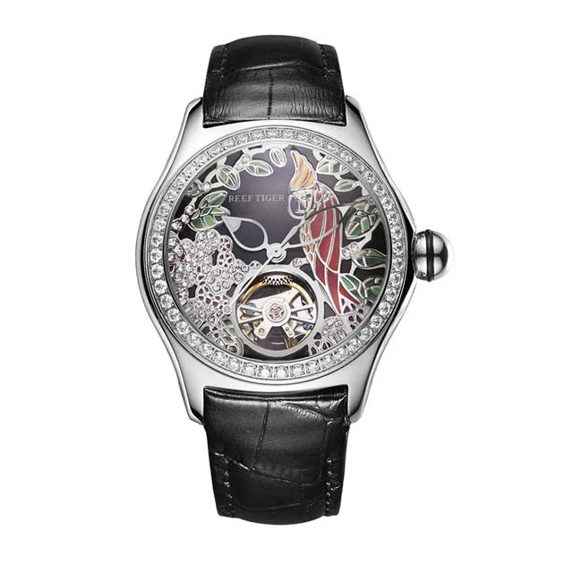 REEF TIGER Floral / Parrot Dial Tourbillon  Style flywheel ladies watch.