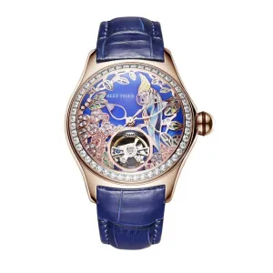 REEF TIGER Floral / Parrot Dial Tourbillon  Style flywheel ladies watch.