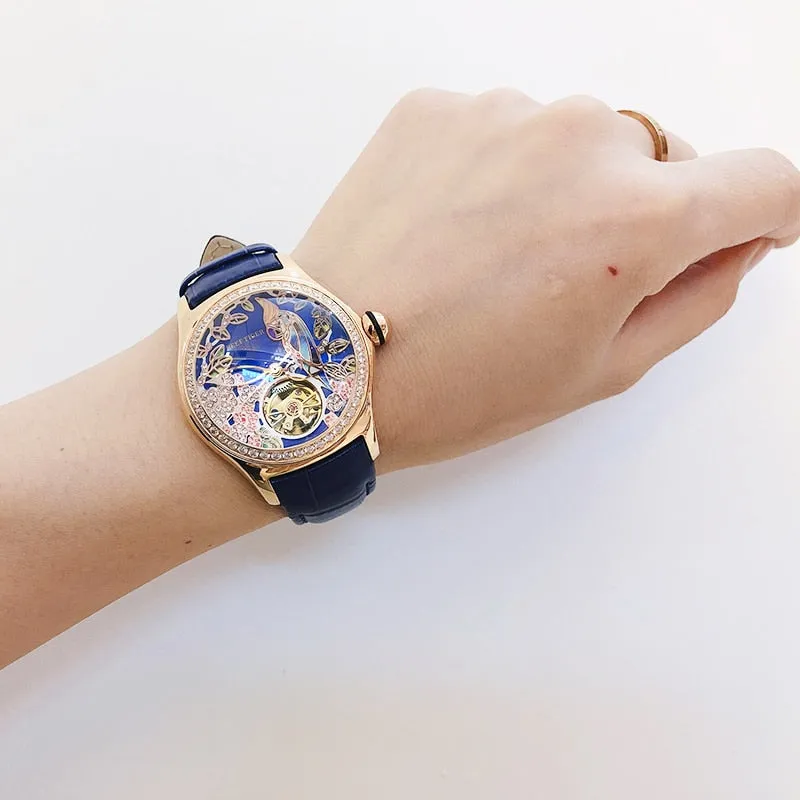 REEF TIGER Floral / Parrot Dial Tourbillon  Style flywheel ladies watch.