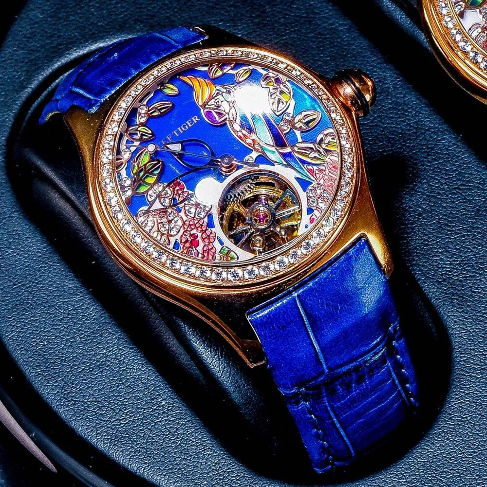 REEF TIGER Floral / Parrot Dial Tourbillon  Style flywheel ladies watch.