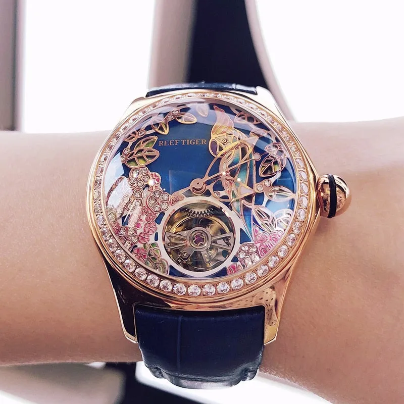 REEF TIGER Floral / Parrot Dial Tourbillon  Style flywheel ladies watch.
