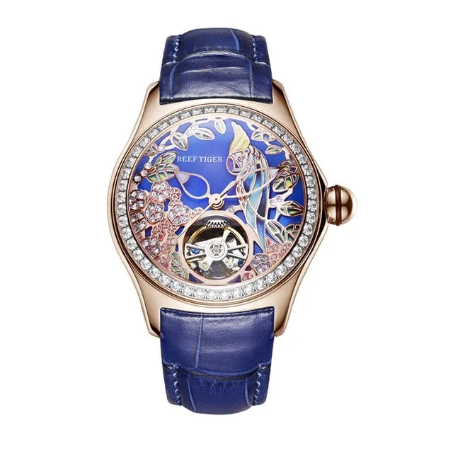 REEF TIGER Floral / Parrot Dial Tourbillon  Style flywheel ladies watch.