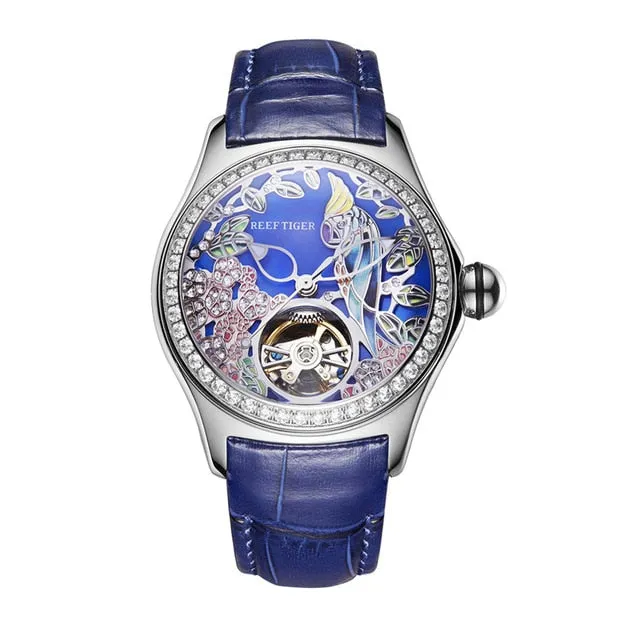 REEF TIGER Floral / Parrot Dial Tourbillon  Style flywheel ladies watch.