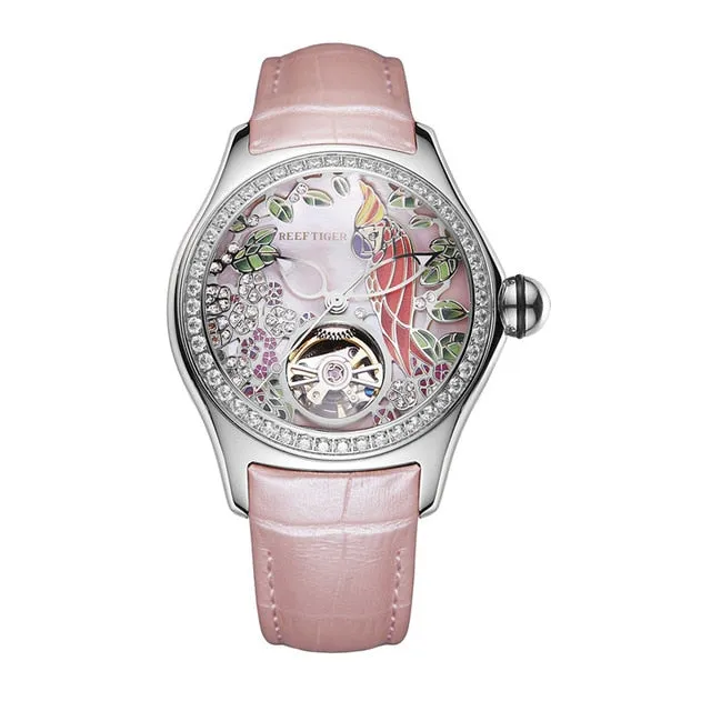 REEF TIGER Floral / Parrot Dial Tourbillon  Style flywheel ladies watch.