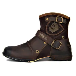 Retro genuine leather buckle strap wedge cowboy Boots handmade big toe knight embroidery cowhide Boots