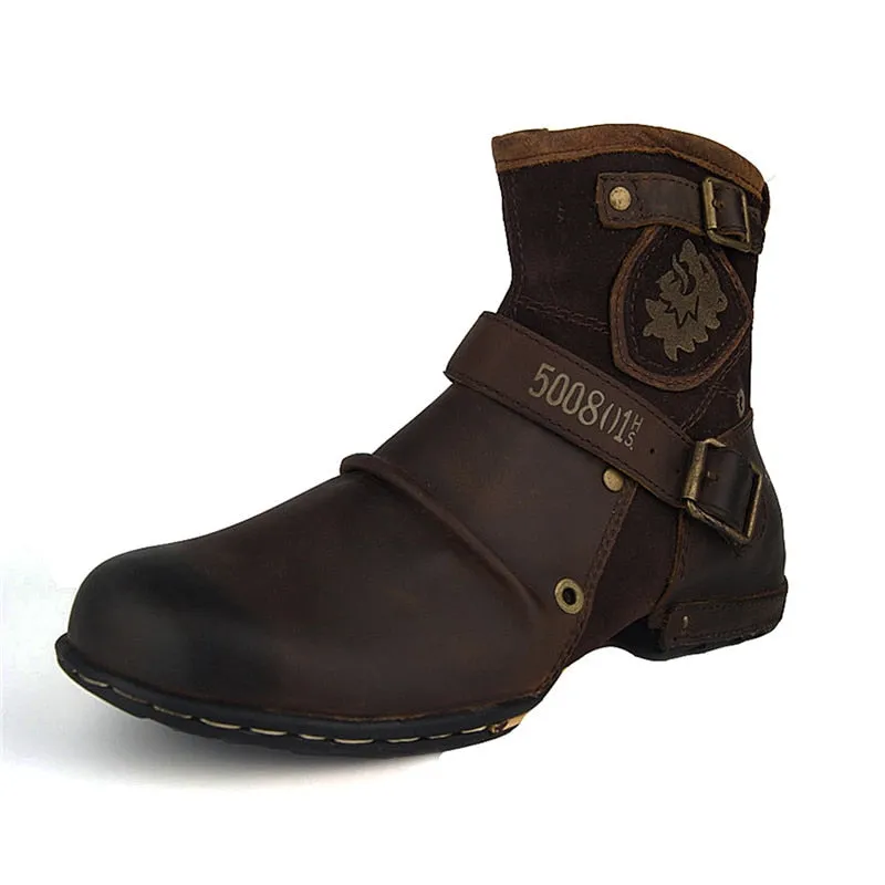 Retro genuine leather buckle strap wedge cowboy Boots handmade big toe knight embroidery cowhide Boots