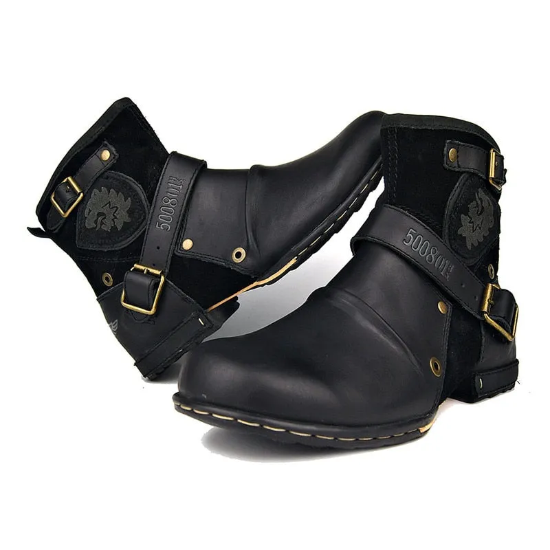 Retro genuine leather buckle strap wedge cowboy Boots handmade big toe knight embroidery cowhide Boots