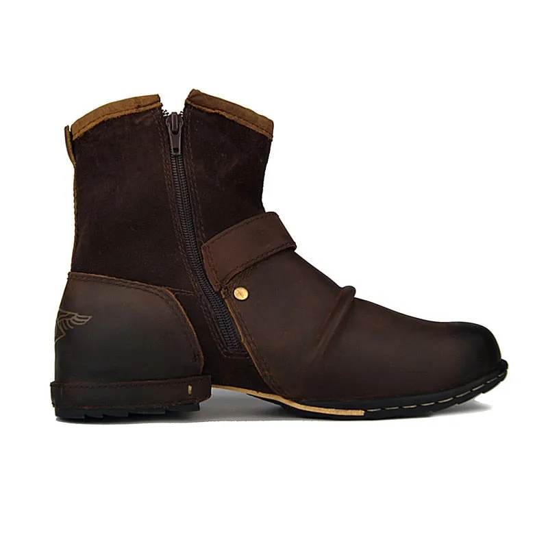 Retro genuine leather buckle strap wedge cowboy Boots handmade big toe knight embroidery cowhide Boots