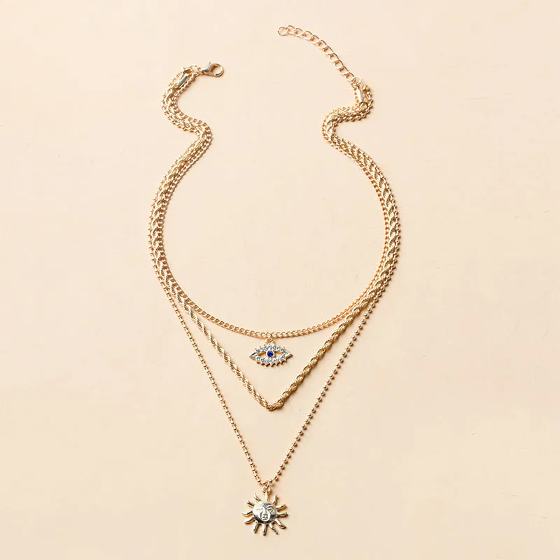 Rhinestone Eyes Sun Pattern Layered Necklace