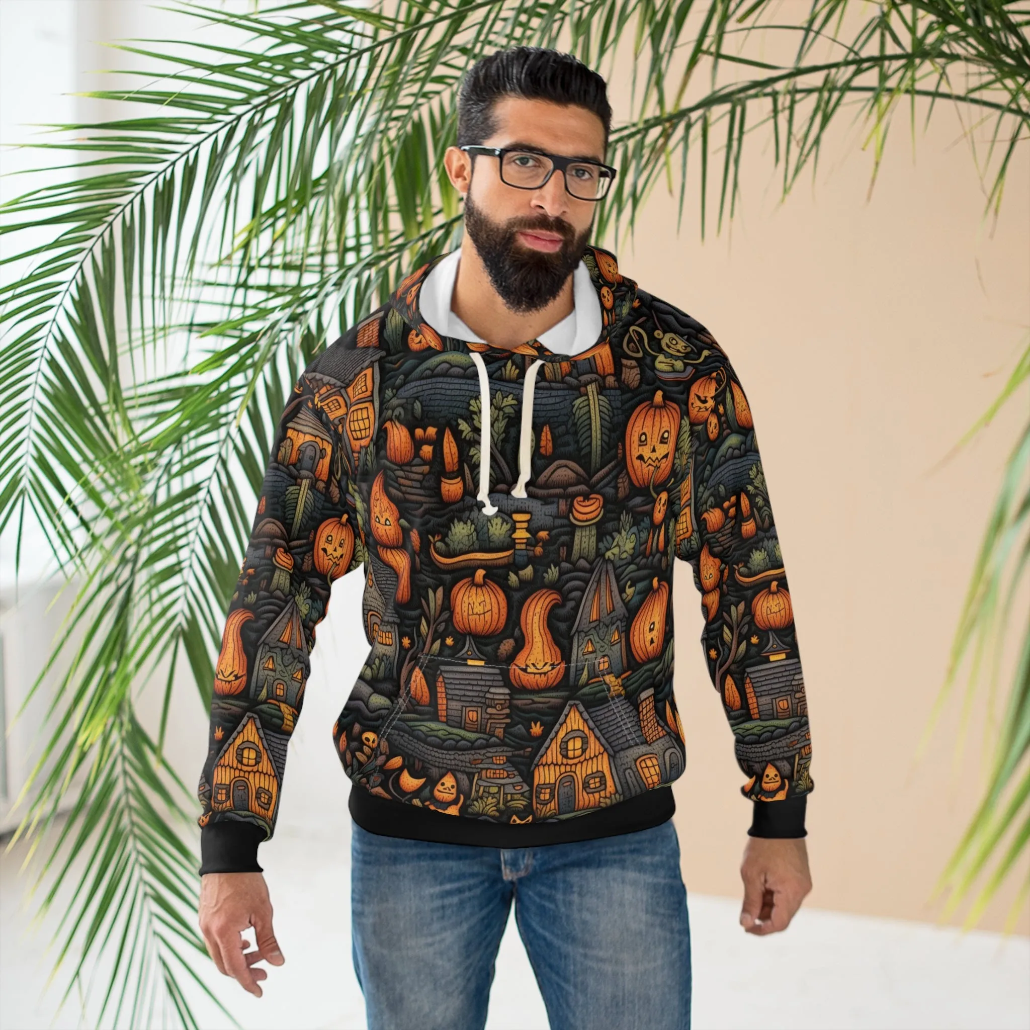 Scary Town Pullover Hoodie, Simulated Embroidery Orange and Blue Pattern, Fall Season Sweatshirt, UnisexPullover Hoodie