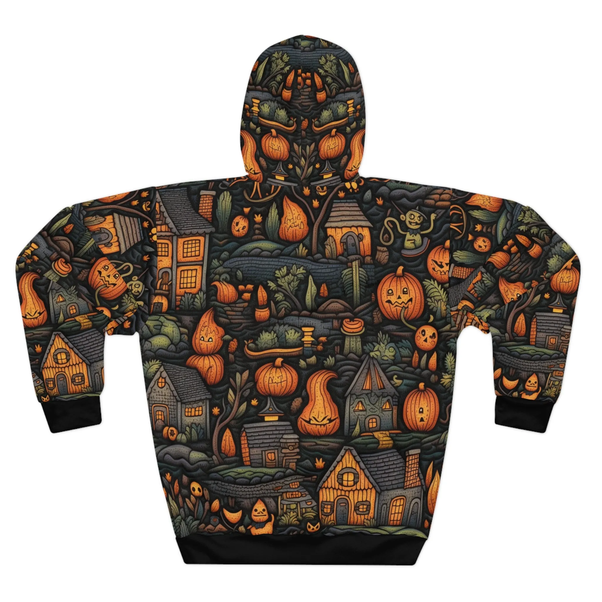 Scary Town Pullover Hoodie, Simulated Embroidery Orange and Blue Pattern, Fall Season Sweatshirt, UnisexPullover Hoodie