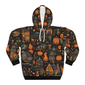 Scary Town Pullover Hoodie, Simulated Embroidery Orange and Blue Pattern, Fall Season Sweatshirt, UnisexPullover Hoodie