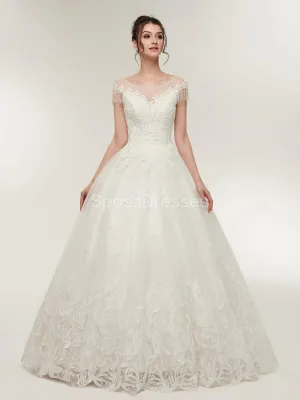 Scoop Cap Sleeves Lace A-line Cheap Wedding Dresses Online, Unique Bridal Dresses, WD570