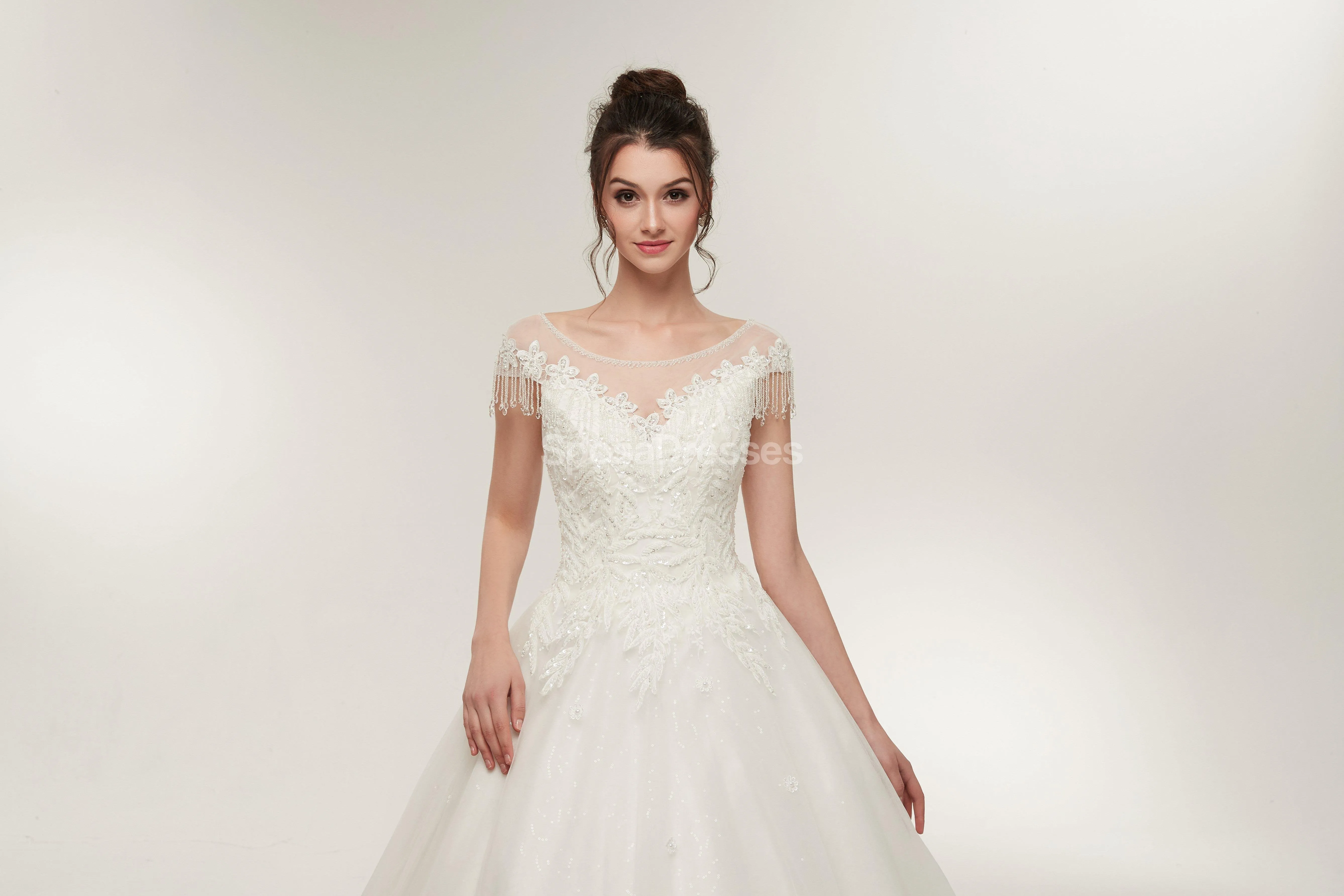 Scoop Cap Sleeves Lace A-line Cheap Wedding Dresses Online, Unique Bridal Dresses, WD570