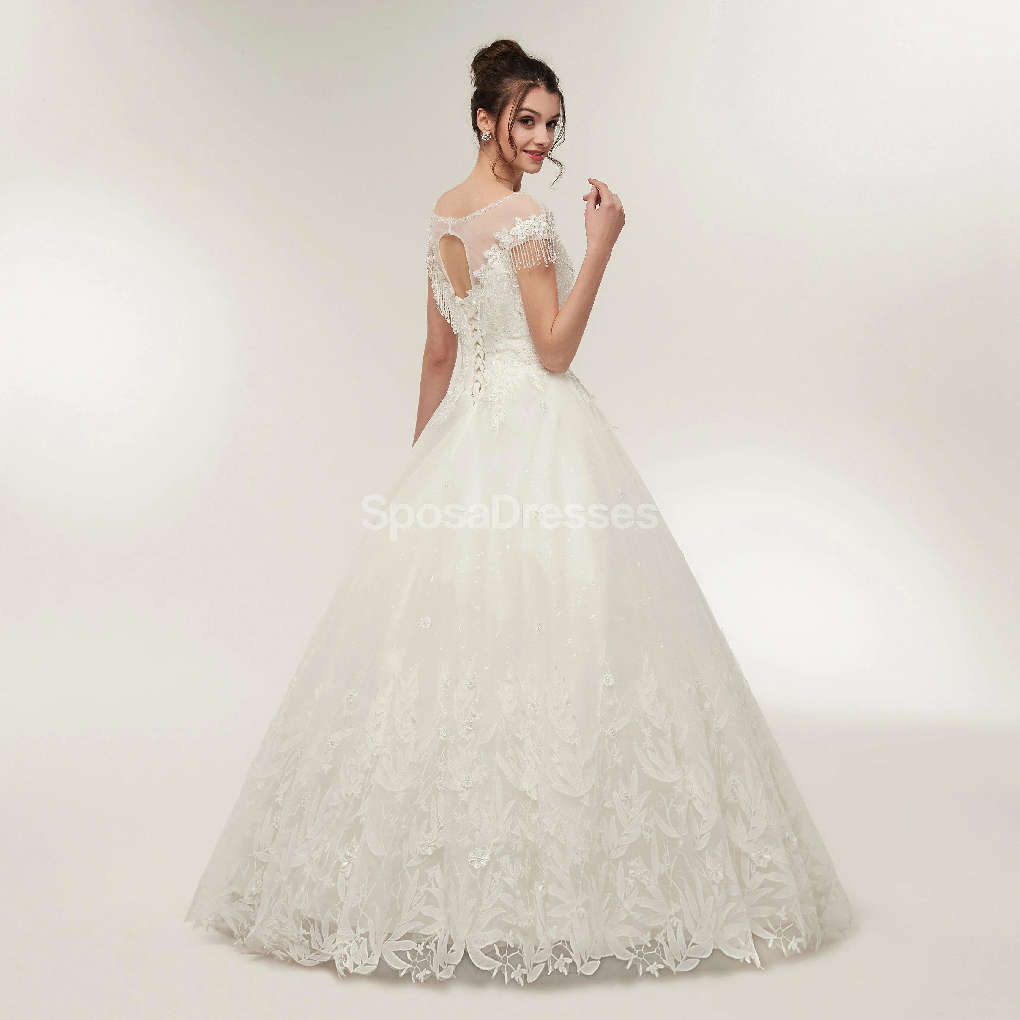 Scoop Cap Sleeves Lace A-line Cheap Wedding Dresses Online, Unique Bridal Dresses, WD570