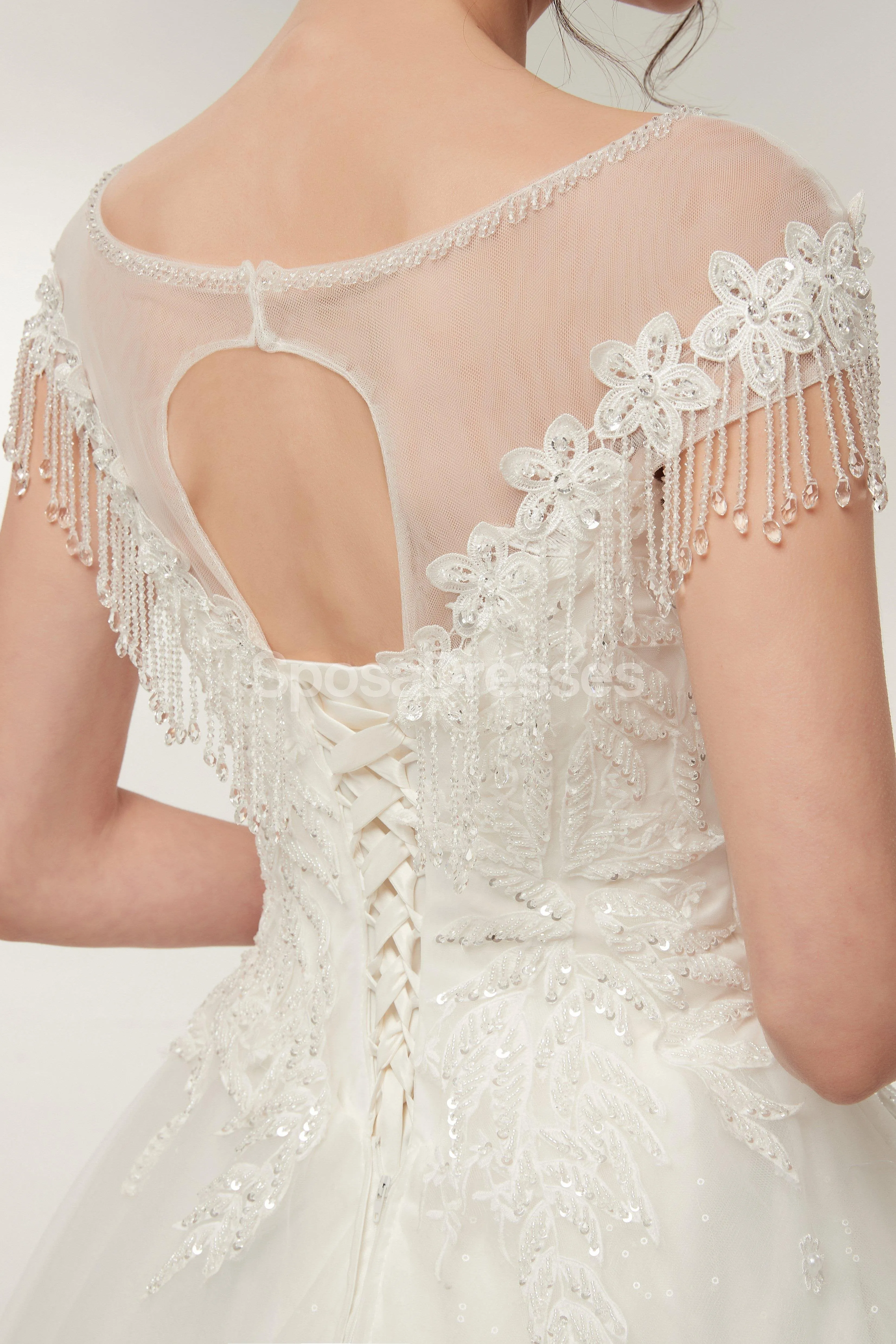 Scoop Cap Sleeves Lace A-line Cheap Wedding Dresses Online, Unique Bridal Dresses, WD570