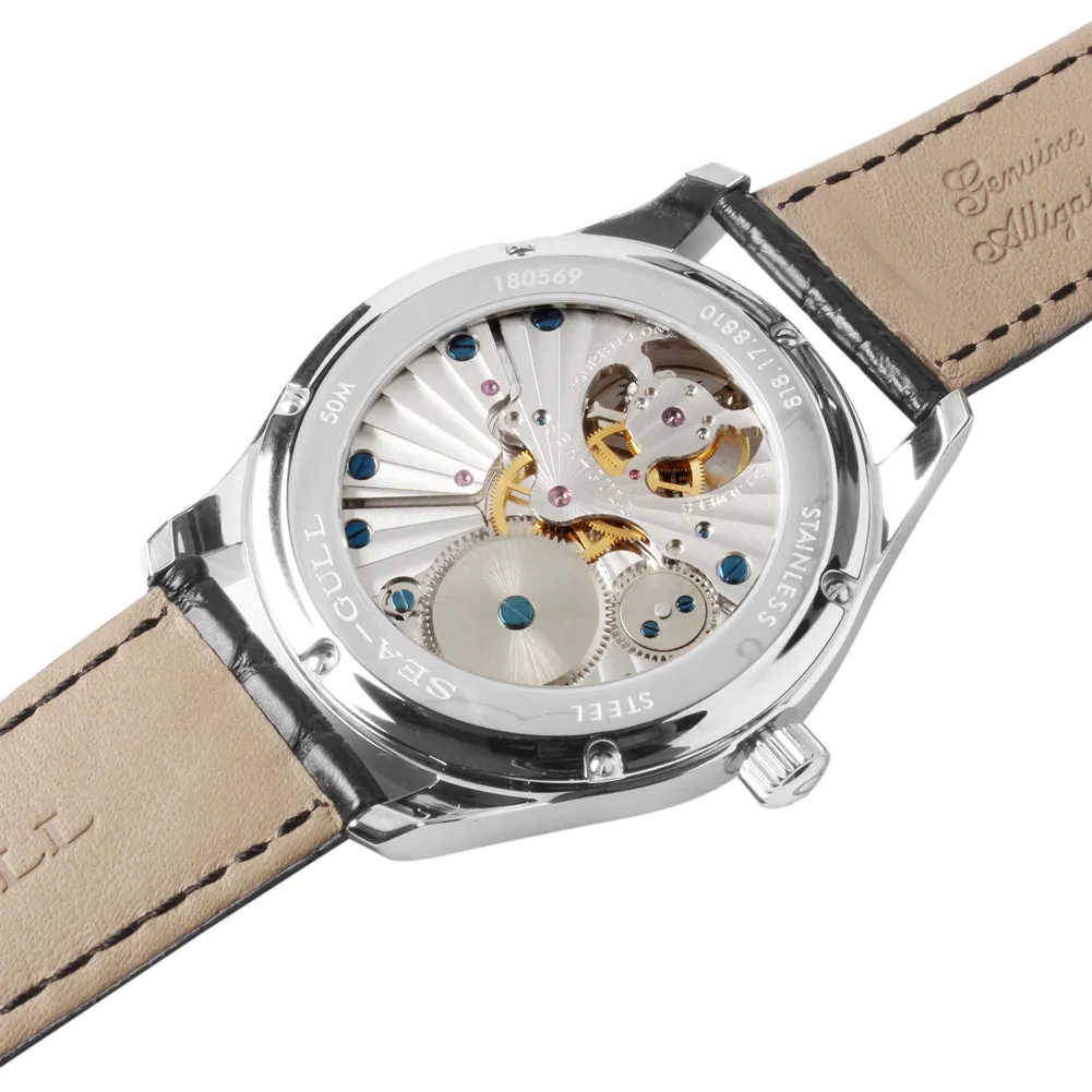 Seagull tourbillon watch mechanical manual wind alligator leather strap sapphire crystal 818.17.8810