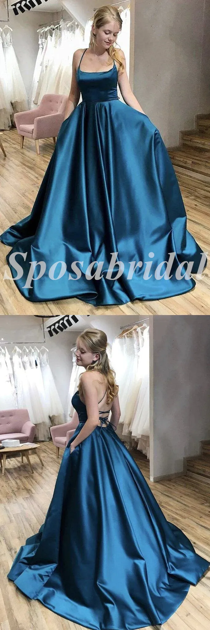 Sexy Soft Satin Spaghetti Straps V-Neck Sleeveless Lace Up A-Line Long Prom Dresses With Pocket, PD3582