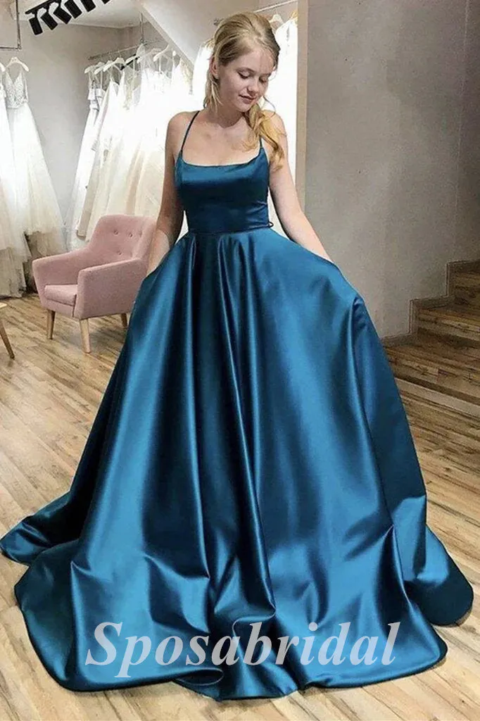 Sexy Soft Satin Spaghetti Straps V-Neck Sleeveless Lace Up A-Line Long Prom Dresses With Pocket, PD3582