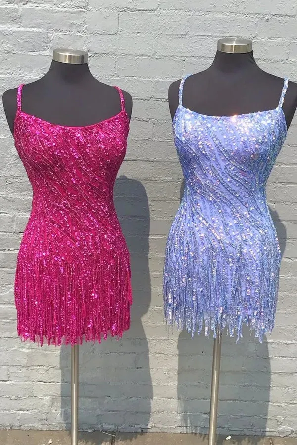 Sheath Gold Straps Sequins Short Homecoming Dress with Tassel TN443