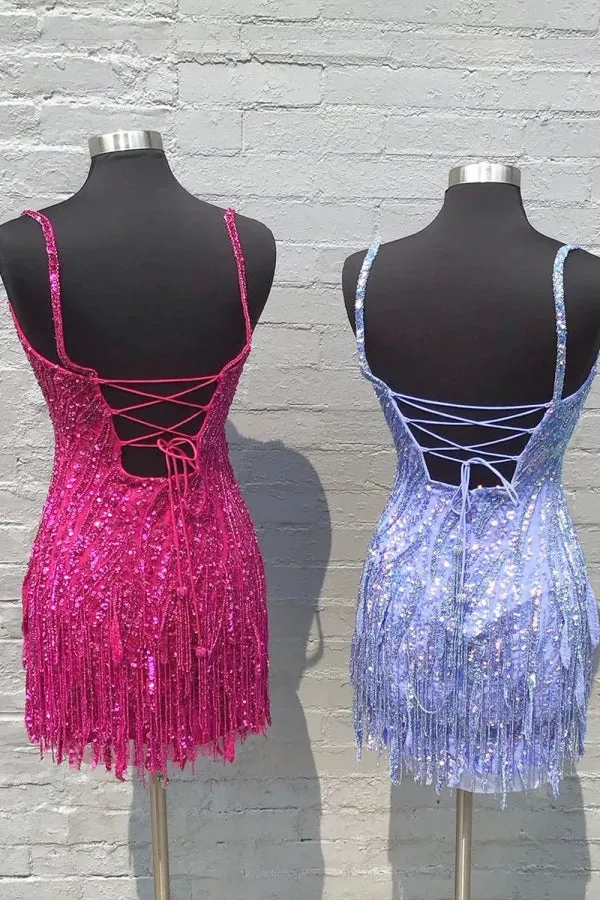 Sheath Gold Straps Sequins Short Homecoming Dress with Tassel TN443