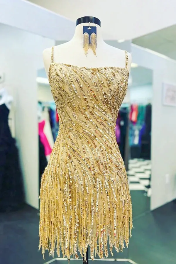Sheath Gold Straps Sequins Short Homecoming Dress with Tassel TN443