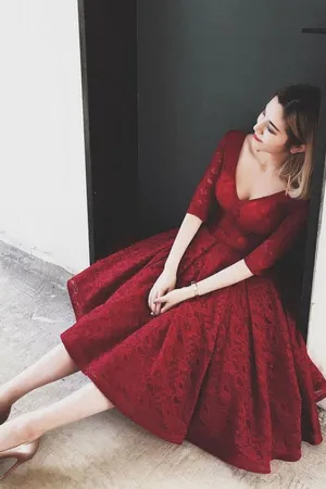 Short Sleeve V Neck Red Lace Prom Homecoming Dress,Red Lace Bridesmaid Dress Tea Length, Short Lace Homecoming Dress with Sleeves