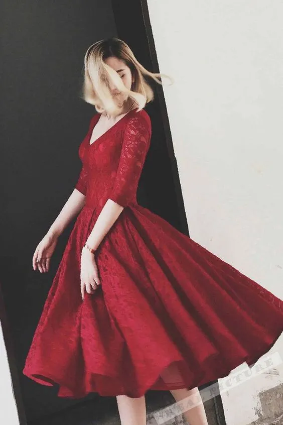 Short Sleeve V Neck Red Lace Prom Homecoming Dress,Red Lace Bridesmaid Dress Tea Length, Short Lace Homecoming Dress with Sleeves