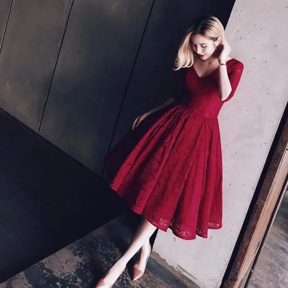 Short Sleeve V Neck Red Lace Prom Homecoming Dress,Red Lace Bridesmaid Dress Tea Length, Short Lace Homecoming Dress with Sleeves