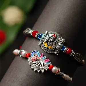 Shri Ganesh & Peacock Rakhi Set of 2