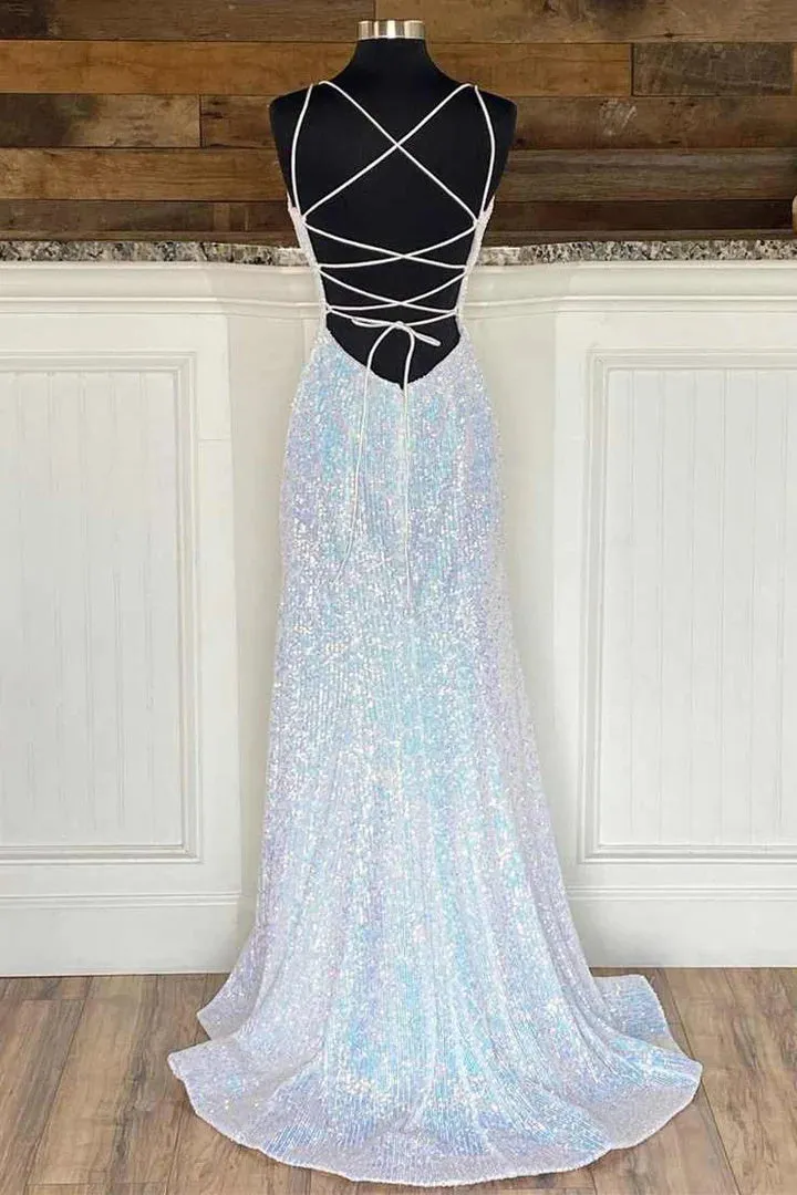 Silver Sequin V-Neck Empire Mermaid Long Prom Dress Evening Dresses OK2027