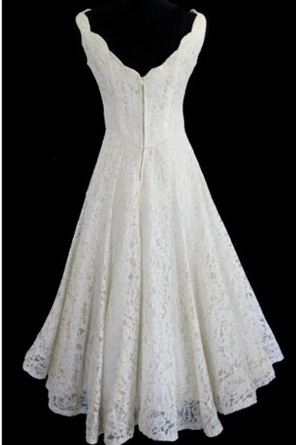 Simple A-line Straps Jewel Knee-Length Lace Beach Wedding Dresses  TN0014